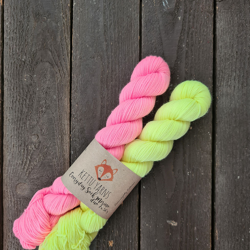 Kettu Yarns – Everyday Sock Merino Duo - Soft Neon Yellow & Frozen Watermelon – 100 g